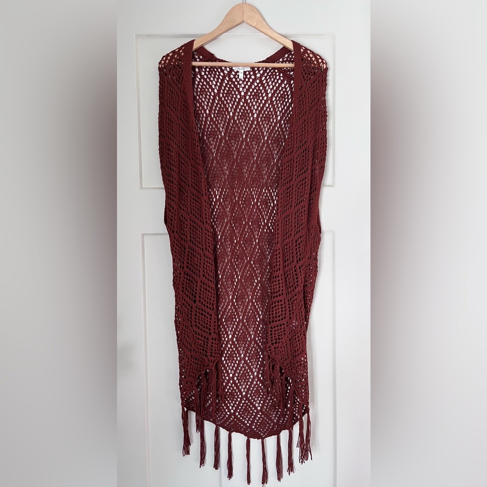 Maurices Maroon Crochet Vest with Fringe Festival Boho